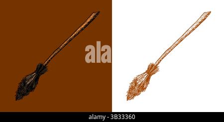 Scopa per strega o mago. Stregoneria e stregoneria di Halloween mago e voodoo disegnati a mano incisi Illustrazione Vettoriale