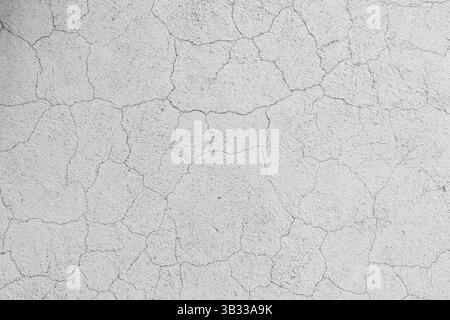 Schema astratto di incrinature su una superficie bianca in cemento, che mostra texture naturali e un aspetto antico. Ideale per sfondi di design, artisti Foto Stock