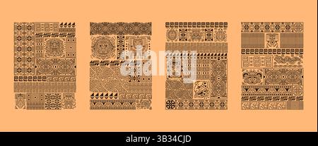 Poster sull'ornamento Maya. Motivo etnico Maya inca perù, simbolo tribale africano del tatuaggio, antica cultura messicana azteca, tiki peruviano, grafica originale Illustrazione Vettoriale