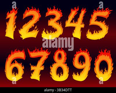 Numeri di fuoco dei cartoni animati. Adesivo fiamma numero incandescente, font fiammeggiante numeri vendita calda sconto inizio velocità razzo logo gara Hell Six 1 2 3 4 5 6 7 8 9 0 Set ordinato vettoriale illustrazione grafica originale Illustrazione Vettoriale
