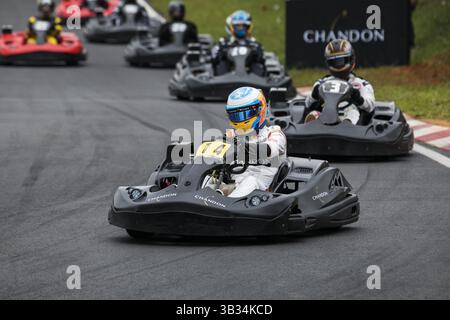 8 novembre 2017 - San Paolo, Brasile - il pilota spagnolo FERNANDO ALONSO (14) e il suo compagno di squadra della McLaren Honda STOFFEL VANDOORNE (3) hanno partecipato a una gara di Kart al kartodromo Granja Viana. I piloti sono in Brasile per partecipare al Gran Premio del Brasile di Formula uno, domenica prossima. (Immagine di credito: © Marcelo Chello via ZUMA Wire) Foto Stock