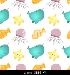 Sea LIFE senza cuciture. Balena, stelle marine e meduse Illustrazione Vettoriale