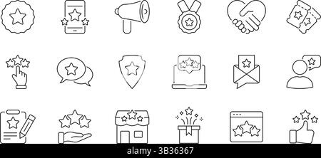 Icone feedback e valutazione del cliente impostate. Recensioni degli utenti, garanzia di qualità e raccolta di simboli di livello di soddisfazione. Valutazione aziendale e marketing Illustrazione Vettoriale