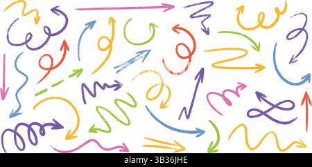 Disegni con frecce a matita di colore pastello - volantini disegnati a mano, puntatori, curve. Illustrazione Vettoriale