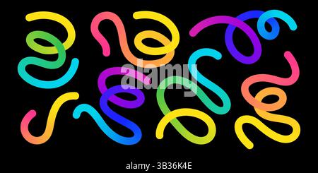 I colori arcobaleno sfumati fondono forme astratte con linee di doodle organiche. Schizzi curvi a mano libera. Illustrazione Vettoriale