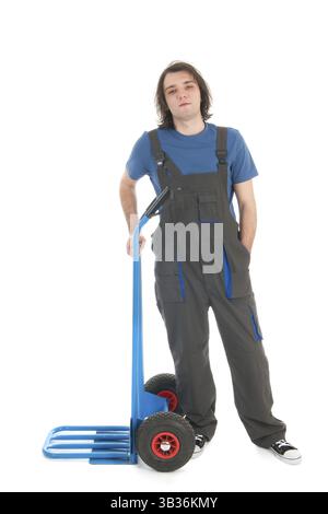 Lavoratore con mano Vuota carrello isolate su sfondo bianco Foto Stock