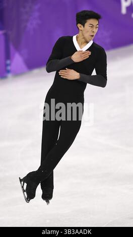 17 febbraio 2018 - Pyeongchang, Corea del Sud - NATHAN CHEN degli Stati Uniti gareggia il suo pattinaggio libero all'evento di pattinaggio di figura maschile sabato 17 febbraio 2018 presso la Gangneung Ice Arena ai Giochi Olimpici invernali di Pyeongchang. Foto di Mark Reis, ZUMA Press/The Gazette (immagine di credito: © Mark Reis via ZUMA Wire) Foto Stock