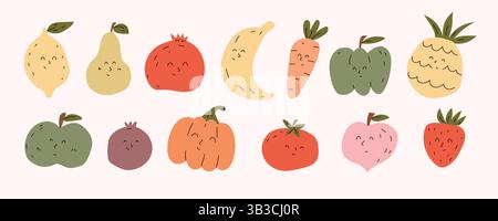 Set di frutta e verdura sorridenti in stile cartoni animati. Perfetto per design per bambini, materiali didattici, adesivi, confezioni e saluti Illustrazione Vettoriale