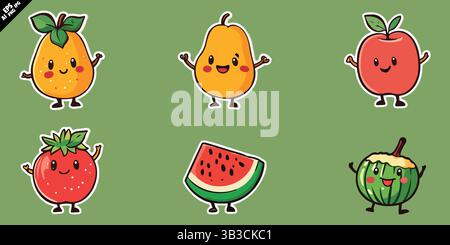 graziosa collezione di personaggi di frutta a cartoni animati con volti sorridenti e disegni vettoriali a colori piatti Illustrazione Vettoriale