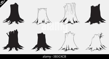 collezione vettoriale di silhouette con radici di ceppi d'albero in nero su sfondo bianco Illustrazione Vettoriale