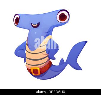 Cartoni animati, squalo martello, pirata di animali marini e marinaio corsaro con un ampio sorriso e un singlet a righe. Predatore marino vettoriale, fil subacqueo Illustrazione Vettoriale