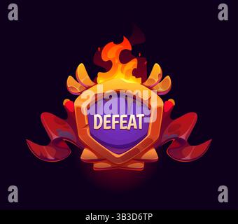 Sconfiggere l'icona del riquadro di gioco, risorsa dell'interfaccia utente. Badge finale Arcade fantasy gui vettore cartoni animati. Etichetta finale livello, schermata a comparsa dei videogame. Perdi le caratteristiche dei segni di battaglia f Illustrazione Vettoriale