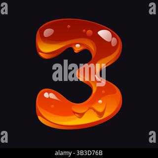 Font Sweet Honey, alfabeto ambrato, cifra 3 tre. Personaggio cartoni animati con carattere dolce e miele, cifre gustose di tipo caramello. Yellow Candy Kids ABC font number o li Illustrazione Vettoriale
