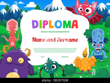 Diploma per bambini con simpatici personaggi di mostri cartoni animati. Certificato di scuola vettoriale o asilo con animali colorati, alieni o Halloween c Illustrazione Vettoriale