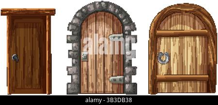 Tre distinte porte in legno dal design unico Illustrazione Vettoriale