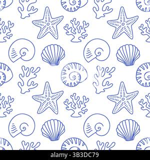 La dolce vita sfoggia conchiglie senza cuciture. Illustrazione vettoriale blu su bianco di poster disegnati a mano in stile italiano. Decorazioni per stampe murali, per Illustrazione Vettoriale