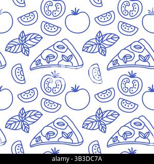 La dolce vita stuzzica la pizza margherita senza cuciture. Illustrazione vettoriale blu su bianco di poster disegnati a mano in stile italiano. Decorazioni con stampe murali Illustrazione Vettoriale