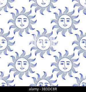 La dolce vita sfoggia un sole senza cuciture. Illustrazione vettoriale blu su bianco di poster disegnati a mano in stile italiano. Decorazioni per stampe murali, per Illustrazione Vettoriale