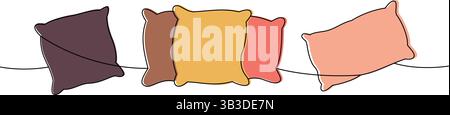 Cuscini disposti su una linea colorata con disegno continuo. Cuscini caldi e confortevoli. Illustrazione vettoriale. Illustrazione Vettoriale