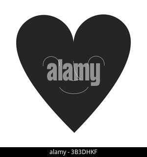 Semplice forma del cuore con un viso delicato e sorridente oggetto riempito di nero 2D. Illustrazione Vettoriale