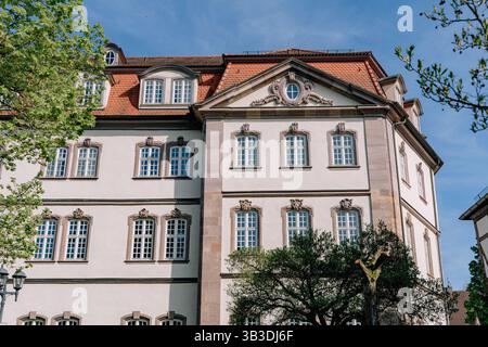Vista ravvicinata di una storica facciata barocca del castello con finestre ornate, elementi decorativi e un tetto in piastrelle rosse sotto un cielo azzurro. Bello Foto Stock