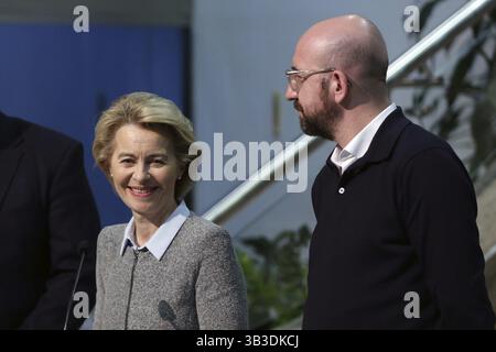 Sofia, Bulgaria - 3 marzo 2020: Il presidente della Commissione europea Ursula von der Leyen e il presidente del Consiglio dell'UE Charles Michel si riuniranno alla S per una conferenza stampa Foto Stock