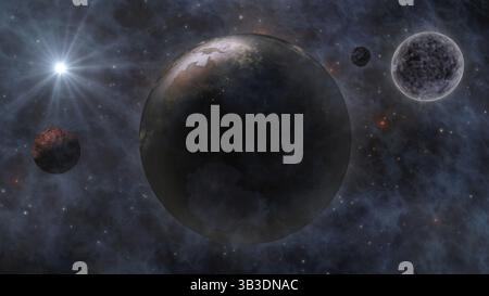 Il pianeta terra, del sole, della Luna e dei pianeti nello spazio 3D Rendering Foto Stock