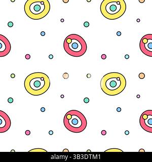 Divertente motivo a forma di doodle geometrico astratto senza cuciture con cerchi colorati, anelli e punti coriandoli su sfondo bianco. Perfetto per l'asilo nido, ki Illustrazione Vettoriale
