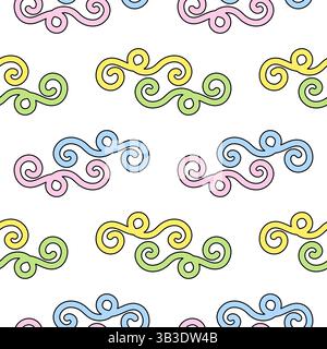 Grazioso motivo decorativo astratto geometrico Doodle senza cuciture, caratterizzato da vortici e ricci colorati in tonalità pastello su sfondo bianco. Perfetto per nurs Illustrazione Vettoriale