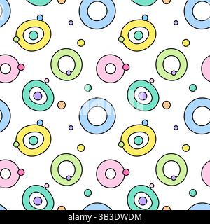 Motivo a doodle geometrico astratto senza cuciture caratterizzato da cerchi cavi e solidi in colori pastello con accenti giocosi su sfondo bianco. Perfetto per Illustrazione Vettoriale