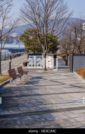 Cheonan, Corea del Sud, 3 gennaio 2020: Due panchine in legno sul marciapiede vicino al santuario Yu Gwan Sun con poster informativi sul muro sullo sfondo, Asi Foto Stock