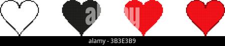 Set di icone a forma di pixel con icone a forma di cuore. Collezione di icone del cuore con grafica pixel in vari colori. Illustrazione del vettore isolato Illustrazione Vettoriale