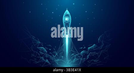 Lancio AI Rocket con intelligenza artificiale e fumo su sfondo tecnico blu Illustrazione Vettoriale