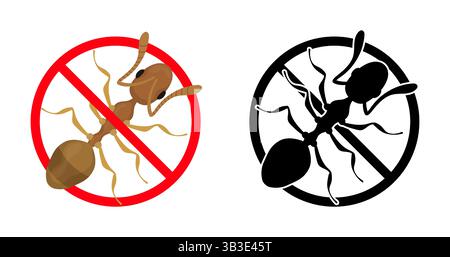 Cartello di sterminio ANT con formica barrata in un cerchio rosso accanto a una versione in bianco e nero, che simboleggia il controllo e la prevenzione dei parassiti per ed Illustrazione Vettoriale