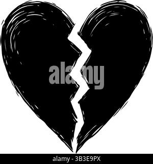 Cuore spezzato nero con una texture ruvida su sfondo bianco, che simboleggia la rottura del cuore, la tristezza e il dolore emotivo Illustrazione Vettoriale