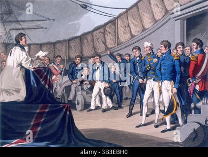 Marinai alle preghiere a bordo della nave di Lord Nelson, dopo la battaglia del Nilo, 1819. Il sacerdote conduce il servizio da un altare improvvisato che ha un unionista drappeggiato sopra di esso. I marinai si trovano in un semicerchio ad ascoltare. Anche un Nelson ferito sta ascoltando sulla destra. Nel 1798 Nelson sconfisse le forze navali di Bonaparte nella baia di Aboukir, che divenne nota come battaglia del Nilo. Foto Stock