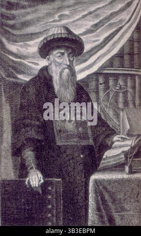 Johann Adam Von Schall, 1672 anni. Ritratto di Johann Adam Schall von Bell, missionario gesuita tedesco, astronomo e costruttore di strumenti, in piedi di fronte a una libreria. La sua mano sinistra poggia su un libro aperto, mentre tiene una penna di quill nella mano destra. Dopo aver studiato filosofia e teologia presso la compagnia di Gesù andò come missionario in Cina. Fu il primo europeo a diventare membro della corte cinese di Pechino e divenne capo dell'Ufficio di astronomia. Da "Historica Relatio de ortu et progressu Fidei Ortho". A. Hanckwitz: Ratisbon, 1672. Foto Stock