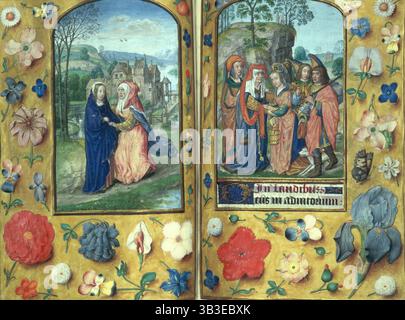 The Visitation, e Tobias e sua moglie Sara sono accolti da Anna, fine XV-XVI secolo. Scene bibliche. A sinistra: La visita della Beata Vergine Maria si riferisce alla visita di Maria, incinta di Gesù, ad Elisabetta, incinta di Giovanni Battista. Giusto: Anna, la madre di Tobias, che abbraccia Sarah. L'arcangelo Raphael è vestito in broccato d'oro e Tobias porta un fascio sulla sua spalla. Bordo di fiori e insetti. Da ore della Vergine. Foto Stock