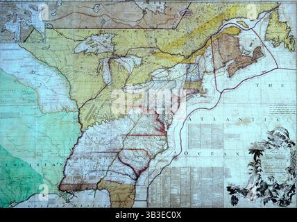 Mappa delle colonie britanniche in Nord America, c1770-c1783. Questa mappa è quella su cui i negoziatori britannici per la pace con gli americani hanno segnato la loro interpretazione del confine tra gli Stati Uniti e le province che in seguito formarono il Canada. Il nuovo confine era contrassegnato in rosso, quindi la mappa divenne nota come la "mappa linea rossa". Fu presentato a Giorgio III per mostrargli come funzionava l'insediamento sul terreno. Poiché la mappa non era inclusa nel trattato finale e poiché la mappa stampata conteneva inesattezze, fu richiesto un ulteriore arbitrato. Per esteso: "Mappa del col. Britannico Foto Stock