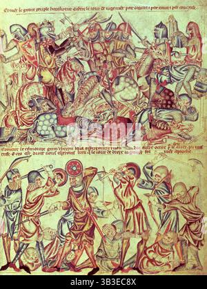Cavalieri e fanti impegnati in battaglia, c1320-1330. Sopra; i pari combattono a cavallo. Indossano un'armatura completa, inclusi bascinetti con grandi visiere mobili; uno porta uno scudo con un wyvern, un altro ha un poleyn a punta sul ginocchio. Il re ha una visiera con una vista grigliata e delle ailette a forma di stella sulle spalle. Le armi sono asce, falchi e spade diritte. Qui sotto, i cittadini comuni si combattono a piedi. La loro armatura è più leggera, compresi i bascinetti senza visiera. Le armi illustrate sono un falchion, un glaive, spade, asce e due archi, con le frecce. Dal Foto Stock