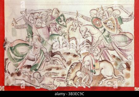 L'esercito di re Davide combatte i Filistei, 1310-1320. David, con la corona, e' sulla sinistra. Sotto giacciono soldati smembrati. Dal salterio della Regina Mary. Foto Stock