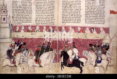 Un torneo, c1352. I tornei precedenti erano stati difficili, spesso comportando infortuni e morte. Gradualmente si formalizzarono, in parte a causa, forse, dell'influenza civilizzatrice della presenza delle donne. Da le Roman du ROI Meliadus de Leonnoys? Foto Stock