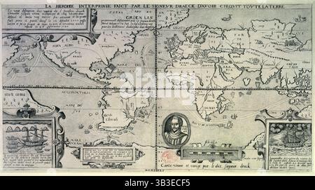 Mappa che mostra la circumnavigazione del Globe di Francis Drake, fine XVI secolo. «La vraie description du voyage du sr. Fransois draeck Chevalier lesquel estant acompaigne de cinq navires deux desquel il brula...". Drake fu l'ammiraglio inglese che circumnavigò il globo (1577-1580), giocò un ruolo importante nella sconfitta dell'Armada spagnola (1588), ed era il marinaio più rinomato dell'età elisabettiana. Foto Stock