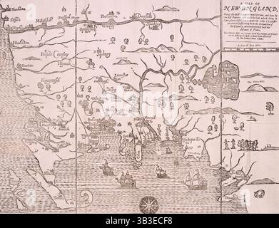 Mappa del New England, 1677. Autoproclamata come la prima mappa mai stampata in America. "Essendo il primo che sia mai stato qui tagliato [cioè inciso], e fatto con il miglior modello che si poteva avere, che essendo in alcuni punti difettoso, rendeva l'altro meno esatto; eppure fa abbastanza radicare la Scituazione del Paese, e convenientemente ben la distanza dei luoghi. Le figure che si uniscono ai nomi dei luoghi devono distinguere, come sono state aggredite dagli indiani dagli altri. Da " A Narrative of the Trouble with the Indians in New England, dal primo impianto in th Foto Stock