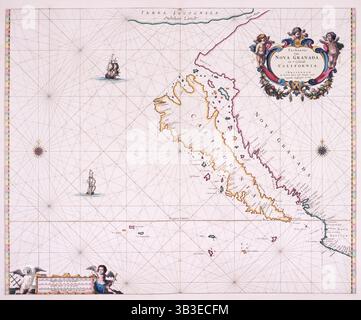 Mappa della California, 1666. Paskaerte Van Nova Granada en t'Eylandt California. Nuova Granada e l'isola della California. Questa mappa è probabilmente l'errore più famoso nella storia della cartografia. Dai primi esploratori spagnoli del 1530 la California era nota per essere una penisola. Tuttavia, un resoconto confuso di un viaggio successivo fu sequestrato da un editore di mappe inglesi nel 1625, che proclamò che la California era "considerata una buona isola". Questa favola è stata fondata tra i mastri per quasi un secolo. Foto Stock