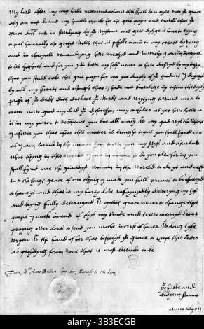 Lettera di Anna Bolena al Cardinale Wolsey, c1528. Nella lettera, Anna ringrazia il cardinale per aver promosso il suo matrimonio con il re Enrico VIII, che alla fine ebbe luogo nel 1533. L'ha scritta come 'Mrs Anne Bullen prima di lei [?] al re”, e firmato come “tuo umile e obbediente servo”. Foto Stock