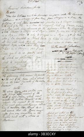 Istruzioni per la stampa delle poesie di William Wordsworth, 1807. Wordsworth spiega come vuole che le stanze appaiano sulla pagina, e aggiunge una nota su come la morte di Horatio Nelson nella battaglia di Trafalgar nel 1805 abbia influenzato la sua scrittura. "2° foglio - direzione generale della stampante. Questi due volumi devono essere stampati [?] Con le Ballate liriche, in una stanza di quattro righe, quattro stanze in una pagina. La prima pagina di ogni poesia che stampa solo 2 o 3 strofe in base alla lunghezza del titolo... la seguente nota deve essere inserita alla fine del poema che si trova per ultimo in questo sh Foto Stock