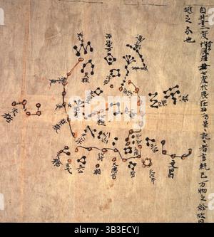 Mappa cinese a scorrimento raffigurante il cielo notturno visto dall'emisfero settentrionale, c618-c906. È diviso secondo le stazioni del pianeta Giove in 12 sezioni. Da Star Maps di Dunhuang. Foto Stock