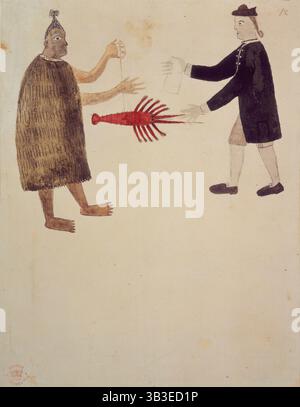 Un maori che barattava un gambero con un ufficiale di marina inglese. 1769. Un uomo con tatuaggi facciali e un mantello di pelliccia, regge un gambero su una corda a un membro europeo dell'equipaggio del capitano James Cook. Dai disegni fatti durante il primo viaggio del capitano James Cook verso i mari del Sud, principalmente riguardanti Otaheite (Tahiti) e la nuova Zelanda. Foto Stock