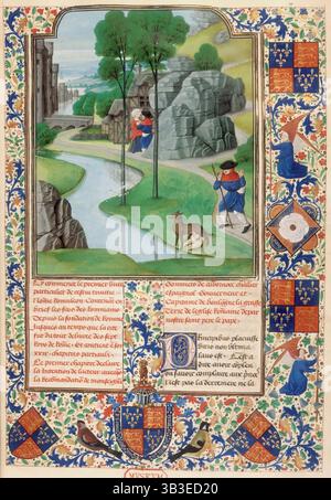 Romolo e Remus scoperti sulla riva del fiume, nel 1480. Romolo e Remo furono i mitici fondatori di Roma. Da bambini, sono stati messi a galla in un cestino sul fiume Tevere. Sono stati trovati e succhiati da una lupa. Dal "Romuleon", una storia dell'antica Roma. romulon---caption-faustulus-discocovers-romulus-and-remus-being-suckled-by-a-she-wolf-on-the-bank-of-the-tevere-behind-he-the-infants-to-laurentia-with-text-below-and-decated-border-containing-the-arms-badge-of-england 12459006755 Foto Stock